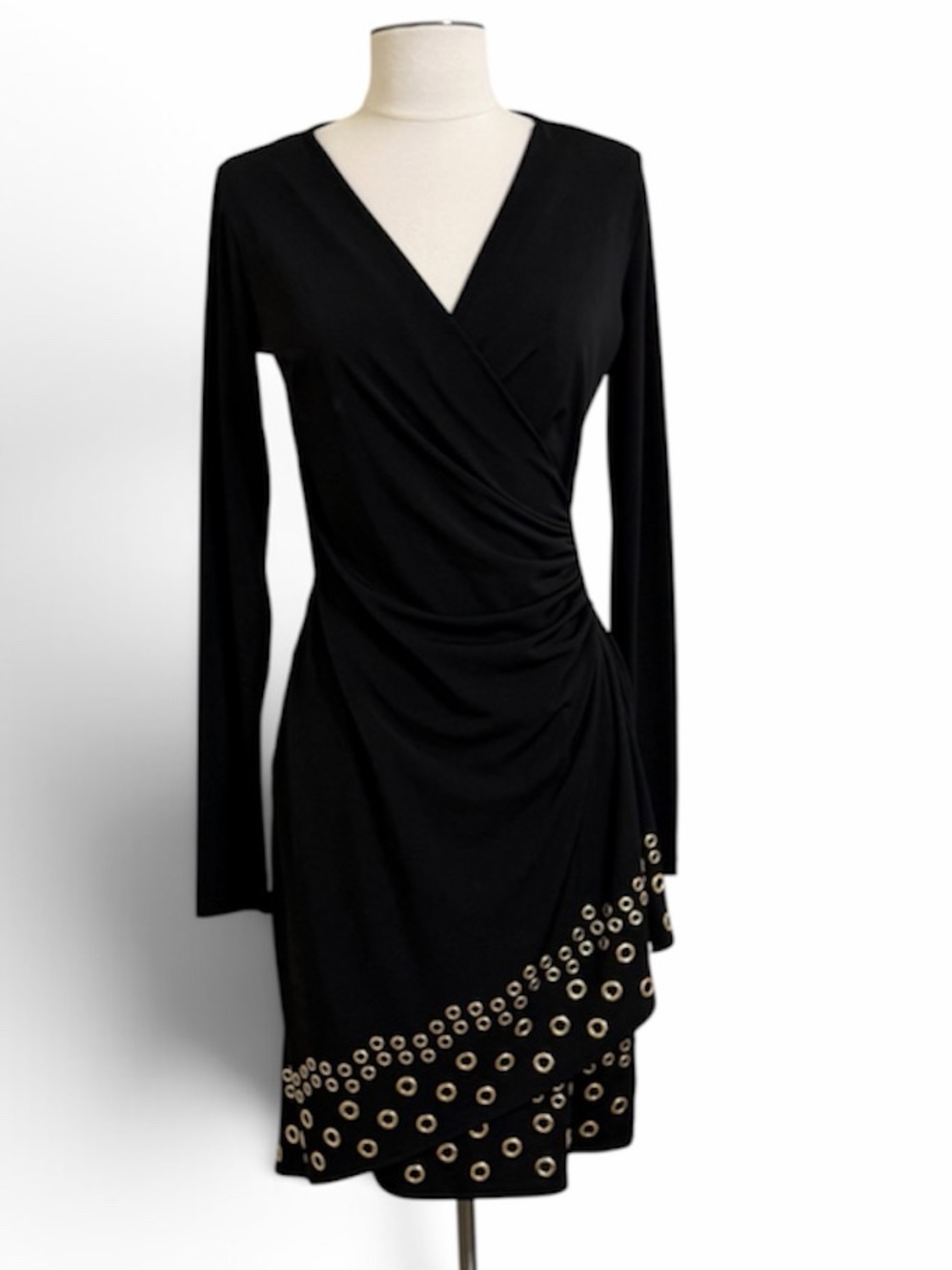 MICHAEL KORS Black Form Fit Faux Wrap Long Sleeve Grommet Trim Stretchy Dress Sm